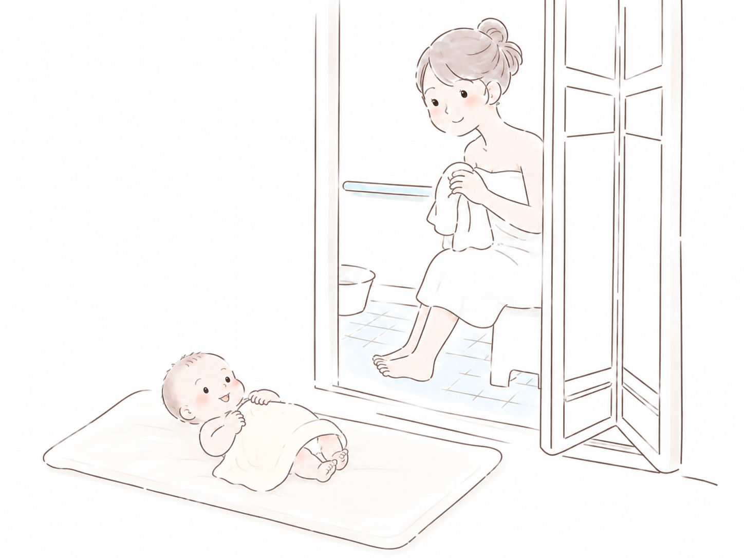 お風呂に入るお母さんと外で待つ赤ちゃん