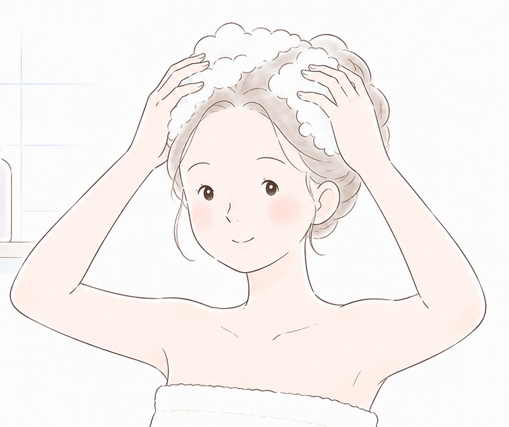 お風呂で髪を洗うお母さん