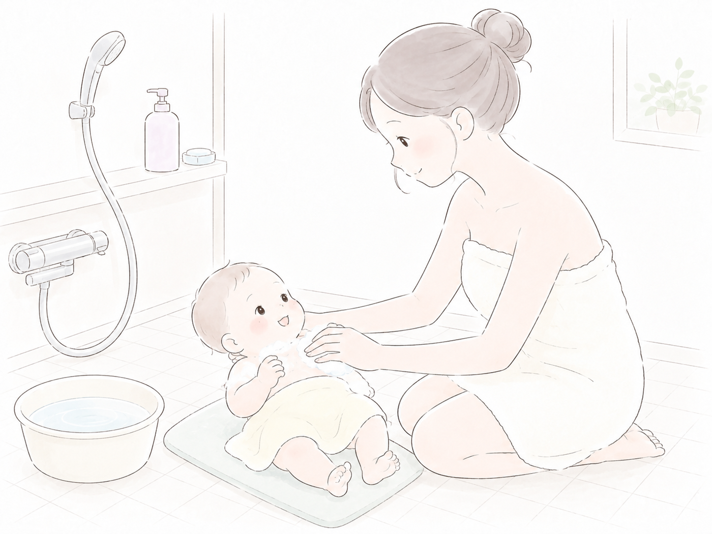 体をお母さんに洗ってもらう赤ちゃん