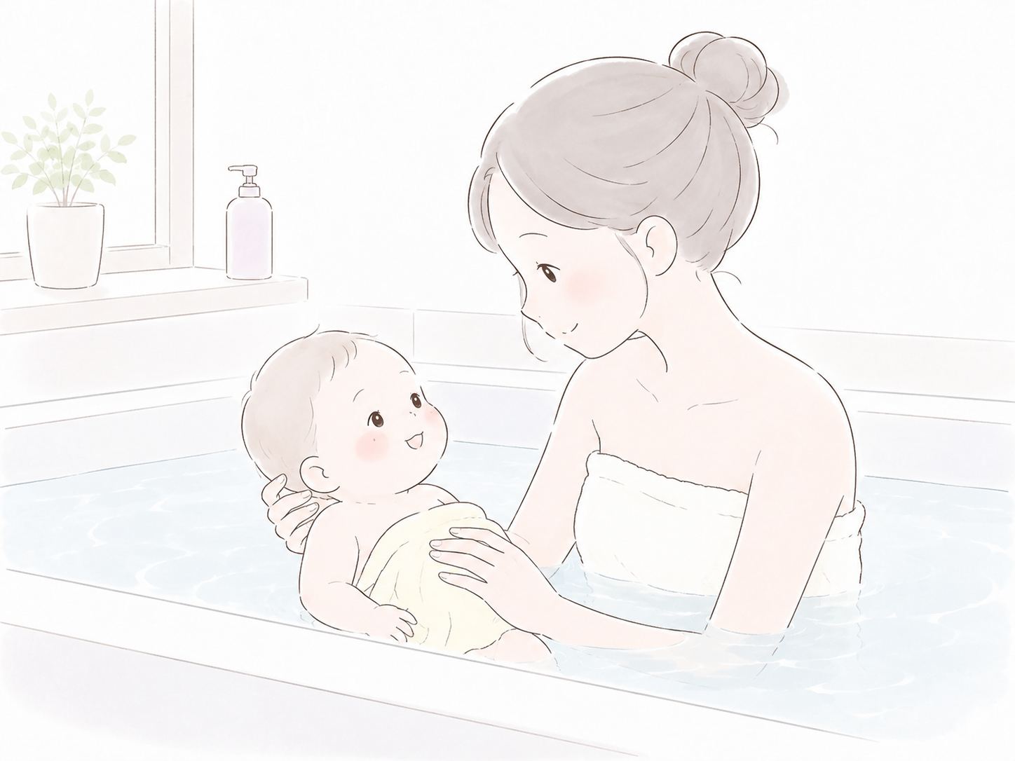 お母さんと一緒に入浴する赤ちゃん