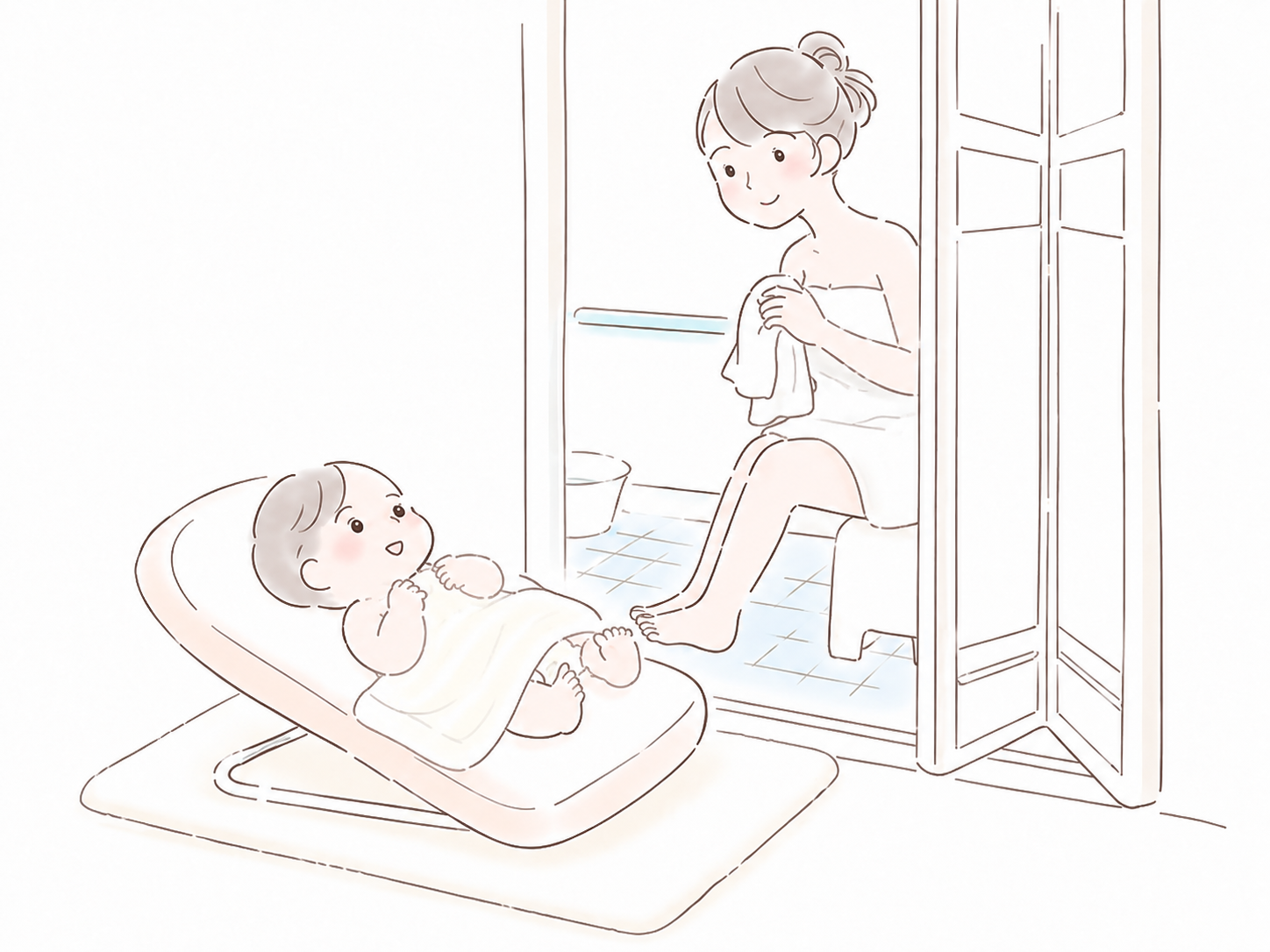 お風呂に入るお母さんと外で待つ赤ちゃん