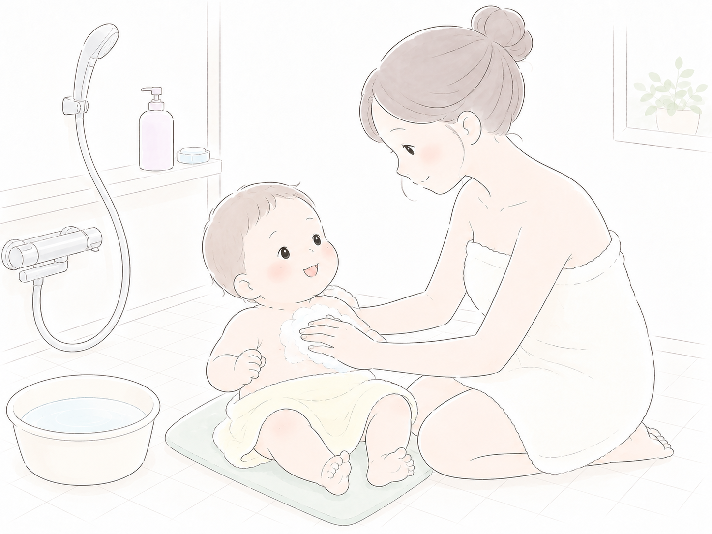 体をお母さんに洗ってもらう赤ちゃん