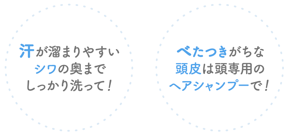 汗が溜まりやすいシワの奥までしっかり洗って！べたつきがちな頭皮は頭専用のヘアシャンプーで！