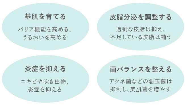 基肌を育てる、皮脂分泌を調整する、炎症を抑える、菌バランスを整える