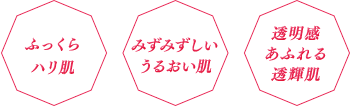 ふっくらハリ肌、みずみずしいうるおい肌、透明感あふれる透輝肌