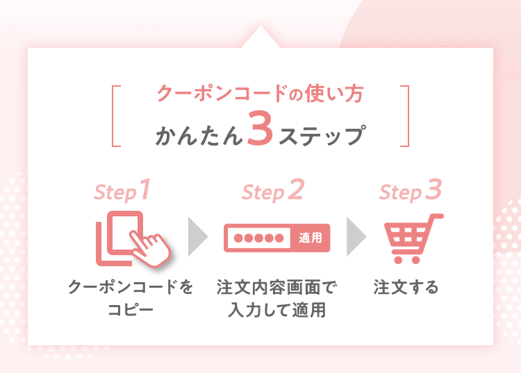 クーポンコードの使い方　かんたん３ステップ　クーポンコードをコピー　注文内容画面で入力して適用　注文する