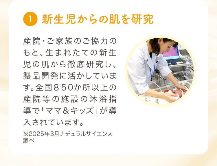 (1) 新生児からの肌を研究 産院・ご家族のご協力のもと、生まれたての新生児の肌から徹底研究し、製品開発に活かしています。全国600か所以上の産院等の施設の沐浴指導で「ママ＆キッズ」が導入されています。 ※2024年3月ナチュラルサイエンス調べ