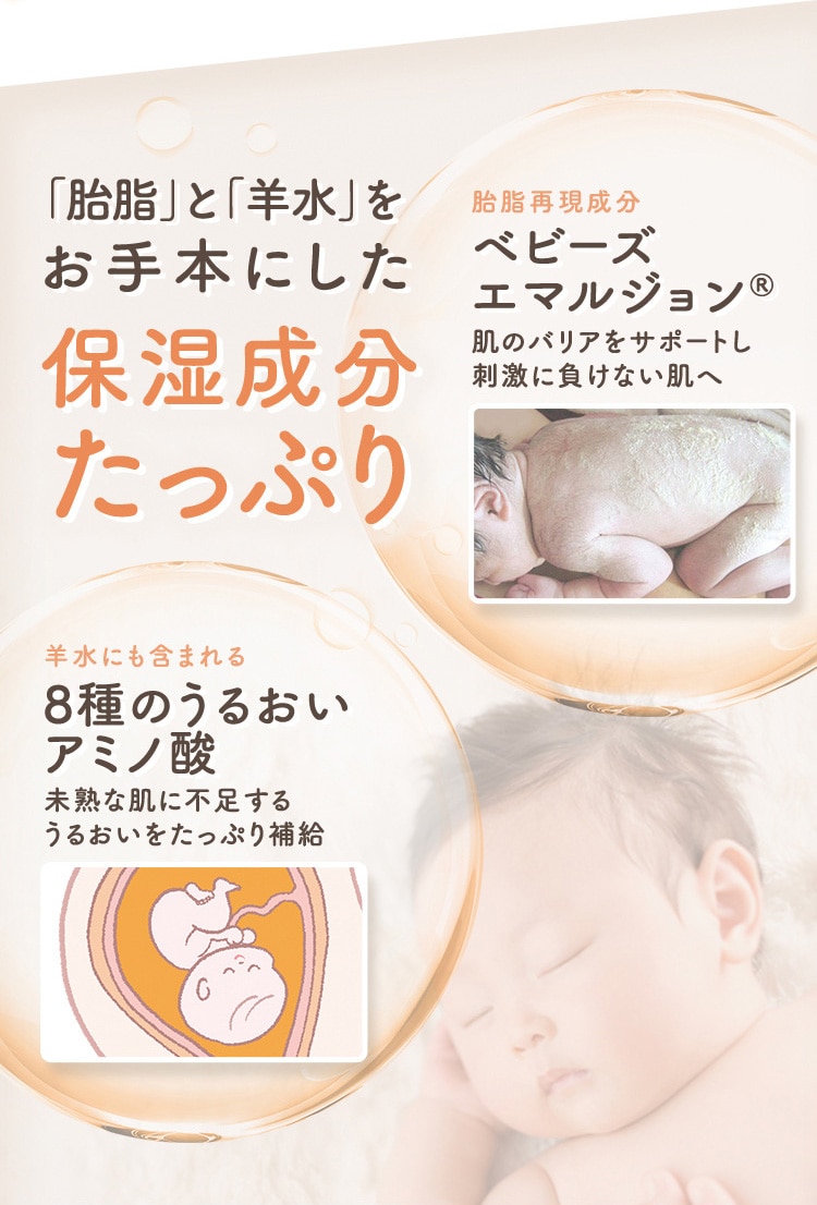 胎脂と羊水をお手本にした保湿成分たっぷり 胎脂再現成分ベビーズエマルジョン 肌のバリアをサポートし刺激に負けない肌へ 羊水にも含まれる8種のうるおいアミノ酸 未熟な肌に不足するうるおいをたっぷり補給