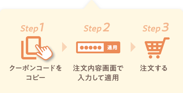 Step1 クーポンコードをコピー Step2 注文内容画面で入力して適用 Step3 注文する
