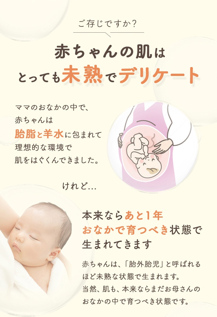 ご存じですか? 赤ちゃんの肌はとっても未熟でデリケート ママのおなかの中で、赤ちゃんは胎脂と羊水に包まれて理想的な環境で肌をはぐくんできました。けれど… 本来ならあと1年 おなかで育つべき状態で生まれてきます赤ちゃんは、「胎外胎児」と呼ばれるほど未熟な状態で生まれます。当然、肌も、本来ならまだお母さんのおなかの中で育つべき状態です。