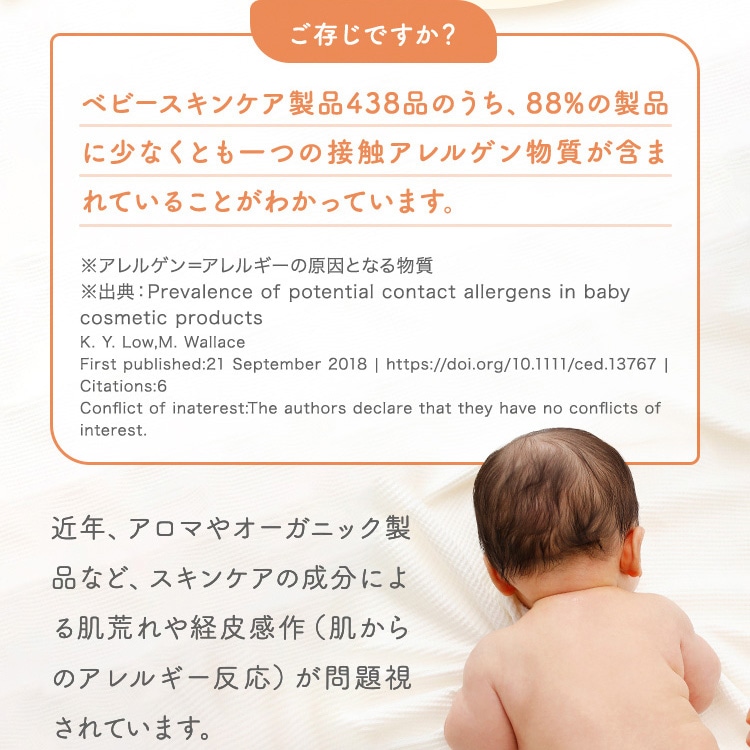 ご存じですか？ ベビースキンケア製品438品のうち、88%の製品に少なくとも一つの接触アレルゲン物質が含まれていることがわかっています。 アレルゲン＝アレルギーの原因となる物質 出典：Prevalence of potential contact allergens in baby cosmetic products K. Y. Low, M. Wallace First published:21 September 2018 https://doi.org/10.1111/ced.13767 Citations:6 Conflict of interest:The authors declare that they have no conflicts of interest. 近年、アロマやオーガニック製品など、スキンケアの成分による肌荒れや経皮感作（肌からのアレルギー反応）が問題視されています。