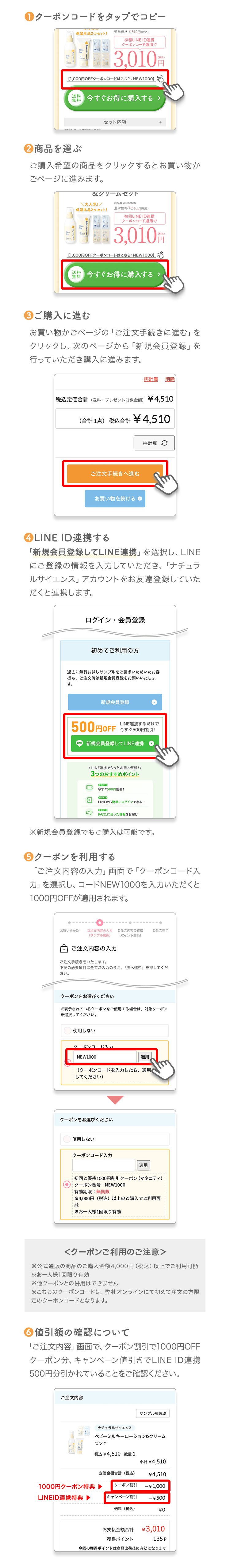 ①クーポンコードをコピータップでコピー②商品を選ぶ③ご購入に進む④LINE ID連携する⑤クーポンを利用する⑥値引額の確認について