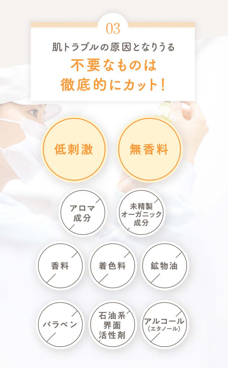 03 赤ちゃんの肌に刺激になる不要なものは徹底的にカット！ 低刺激 無香料 香料× 着色料× 鉱物油× パラベン× 石油系界面活性剤× アルコール（エタノール）×