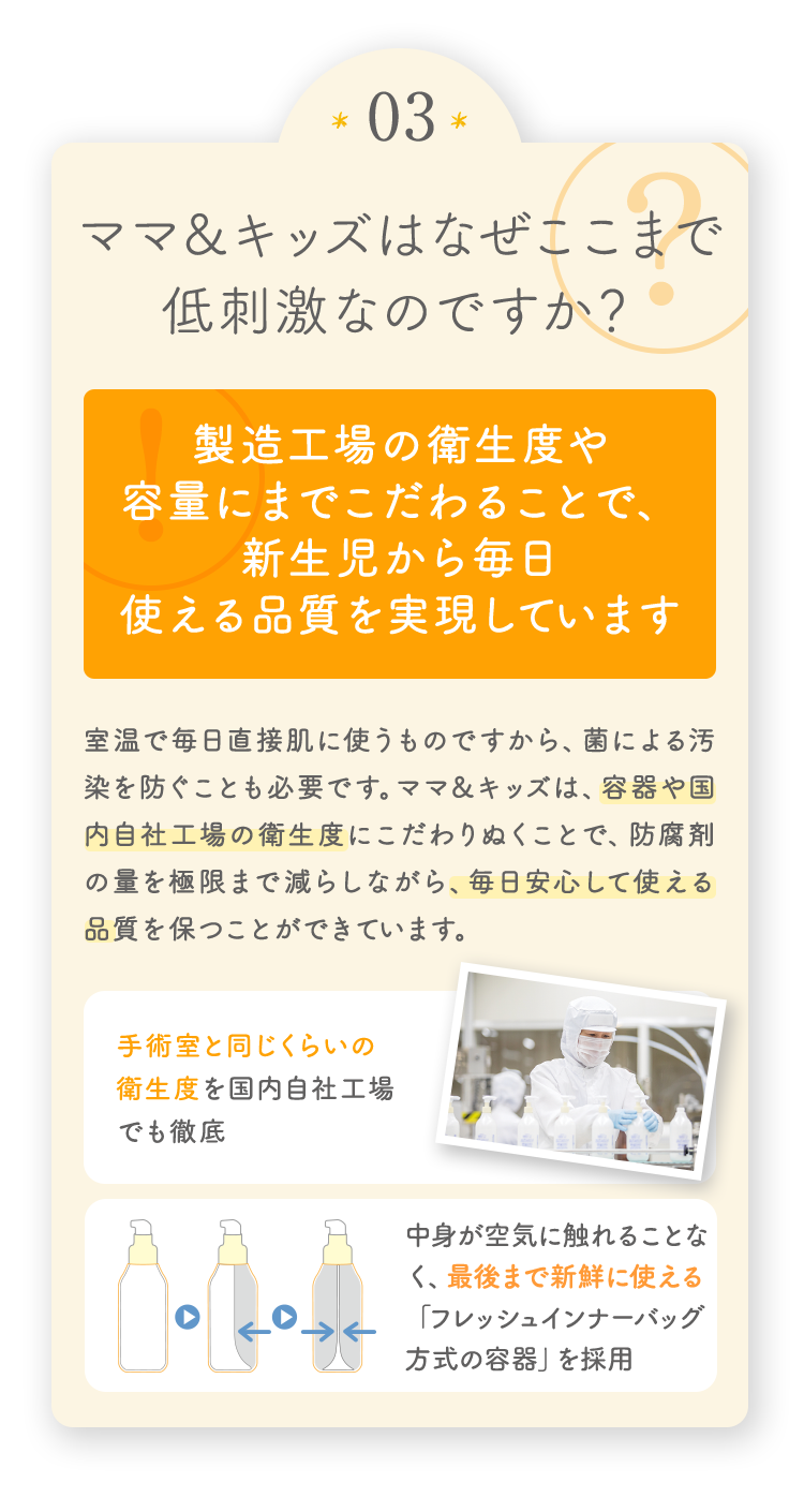 03 ママ＆キッズはなぜここまで低刺激なのですか？ [赤ちゃんの肌に使うからこそ、最低限の量の防腐剤を配合しています] 室温で毎日直接肌に使うものですから、菌による汚染を防ぐことも必要です。ママ＆キッズは、容器や国内自社工場の衛生度にこだわりぬくことで、防腐剤の量を極限まで減らしながら、毎日安心して使える品質を保つことができています。 [手術室と同じくらいの衛生度を国内自社工場でも徹底][中身が空気に触れることなく、最後まで新鮮に使える「フレッシュインナーバッグ方式の容器」を採用]