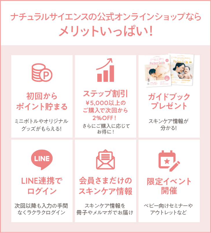 ナチュラルサイエンスの公式オンラインショップならメリットいっぱい！ [初回からポイント貯まる ミニボトルやオリジナルグッズがもらえる！] [ステップ割引 ￥5,000ご購入で2％OFF! さらにご購入に応じてお得に！] [ガイドブックプレゼント スキンケア情報が分かる！] [LINE連携でログイン 次回以降も入力の手間なくラクラクログイン] [会員さまだけのスキンケア情報 スキンケア情報を冊子やメルマガでお届け] [限定イベント開催 ベビー向けセミナーやアウトレットなど]