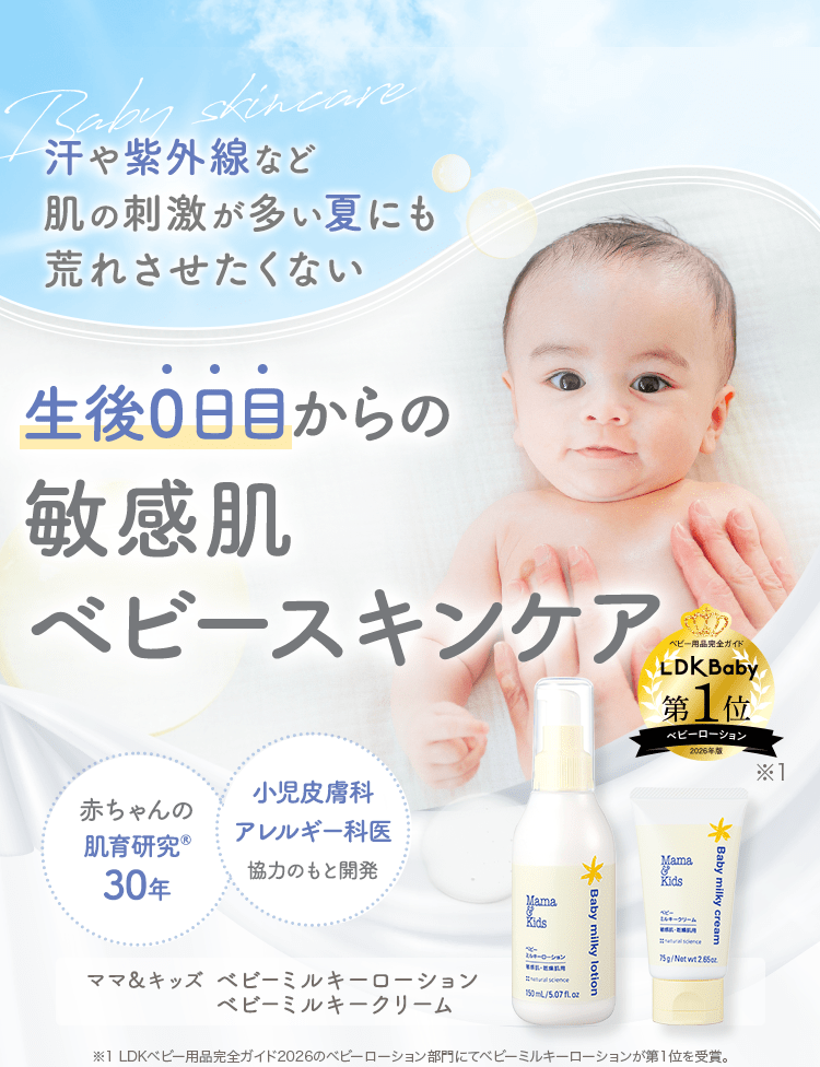 汗や紫外線、日焼け止めなど 肌の刺激が多い夏 「胎脂」と「羊水」を再現した 保湿重視のスキンケア 赤ちゃんの肌育研究30年以上 小児皮膚科アレルギー科医協力のもと開発 ママ&キッズ ベビースキンケア ベビーミルキーローション ベビーミルキークリーム