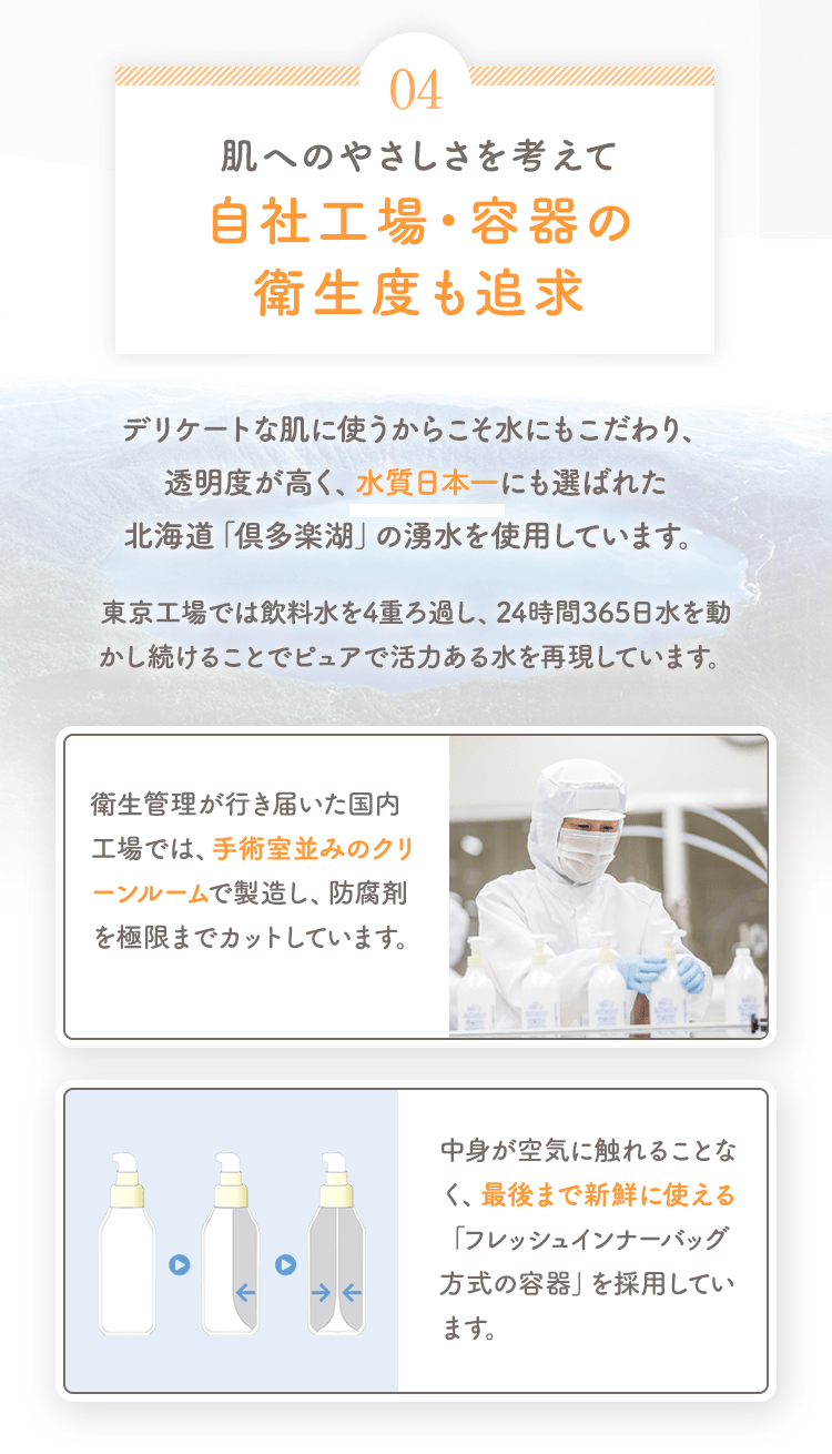 04 肌へのやさしさを考えて自社工場・容器の衛生度も追求 デリケートな肌に使うからこそ水にもこだわり、透明度が高く、水質日本一にも選ばれた北海道「倶多楽湖」の湧水を使用しています。 [衛生管理が行き届いた国内工場では、手術室並みのクリーンルームで製造し、防腐剤を極限までカットしています。] [中身が空気に触れることなく、最後まで新鮮に使える「フレッシュポンプボトル」を採用しています。]