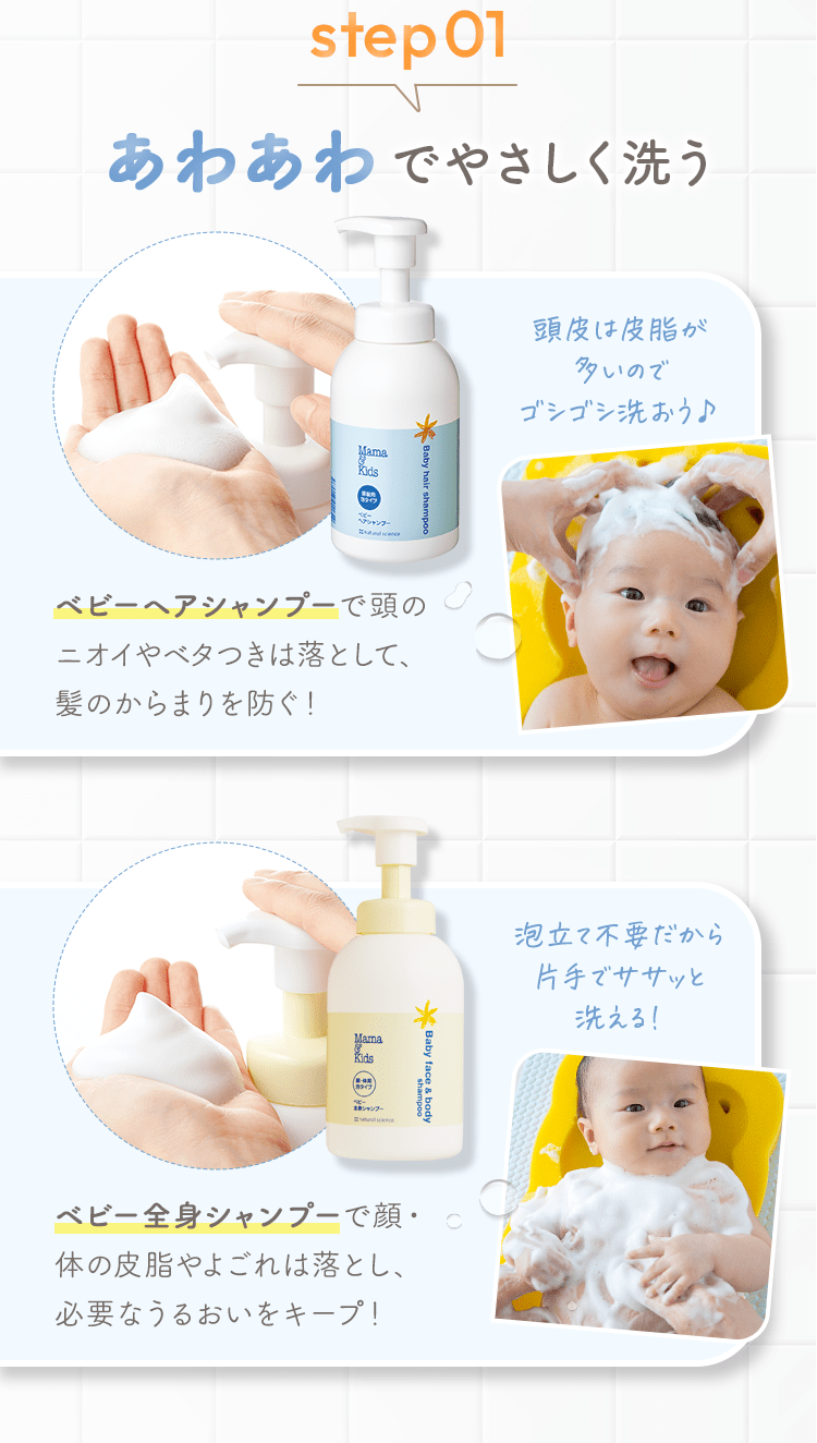 step01 あわあわでやさしく洗う [ベビーヘアシャンプーで頭のニオイやベタつきは落として、髪のからまりを防ぐ！ ] 頭皮は皮脂が多いのでゴシゴシ洗おう♪ [ベビー全身シャンプーで顔・体の皮脂やよごれは落とし、必要なうるおいをキープ！] 泡立て不要だから片手でササッと洗える！