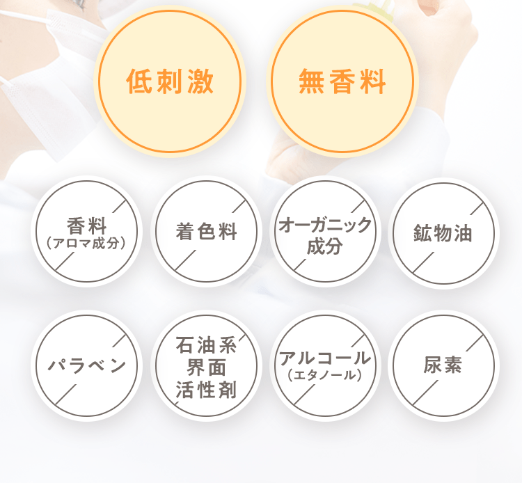 低刺激 無香料 香料× 着色料× 鉱物油× パラベン× 石油系界面活性剤× アルコール(エタノール)×