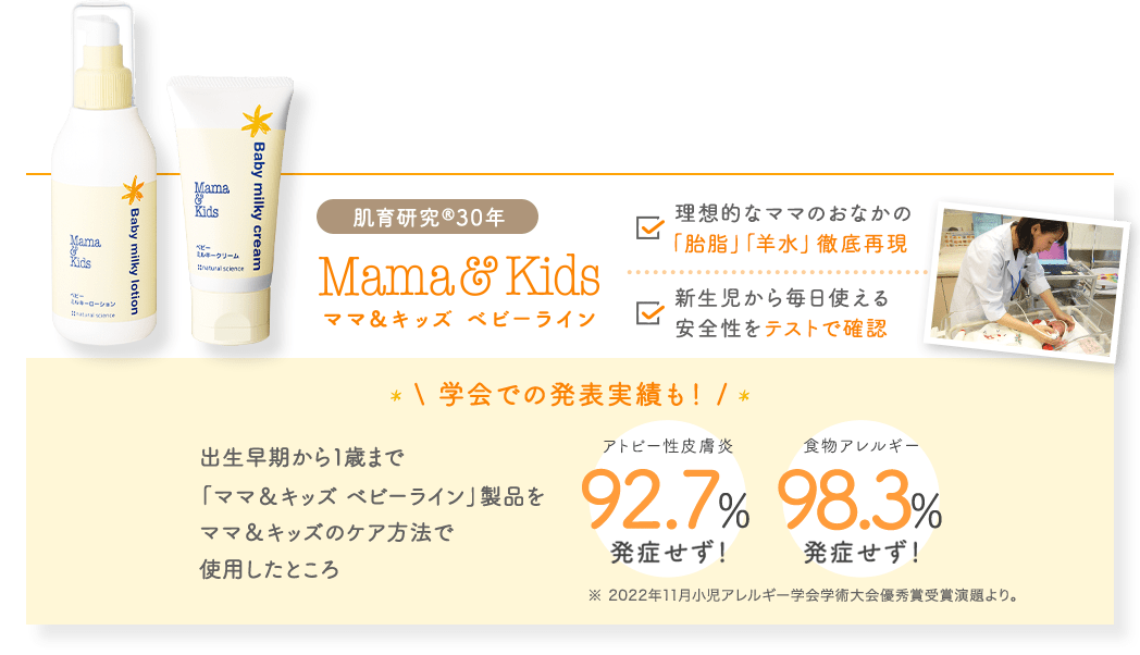 肌育研究25年以上 選ばれ続ける高品質スキンケア ママ＆キッズ ベビースキンケア 食物アレルギーテスト済※2 アトピー性皮膚炎を有する乳幼児での 安全性テスト済※2