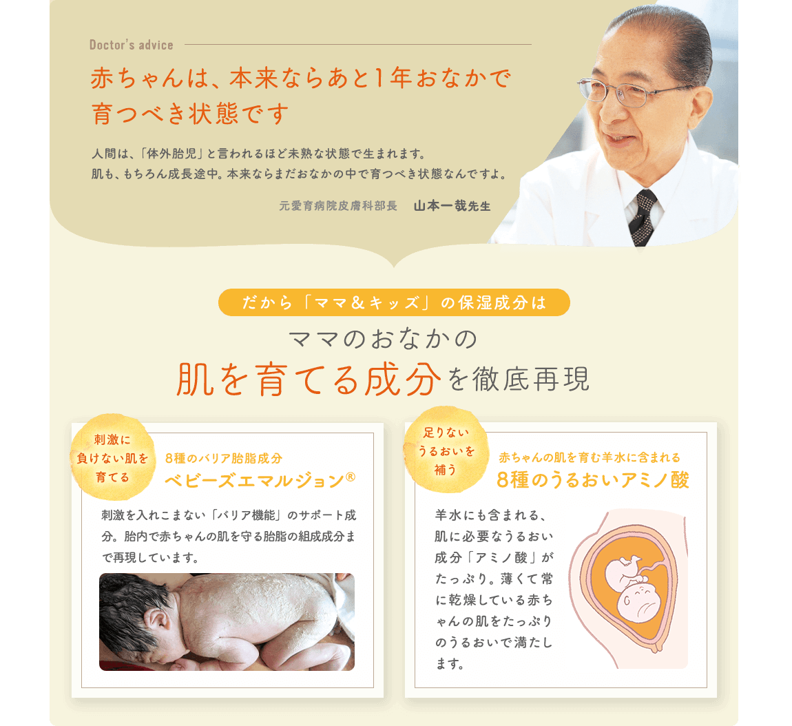 赤ちゃんは、本来ならあと1年おなかで育つべき状態です だから「ママ&キッズ」の保湿成分はママのおなかの肌を育てる成分を徹底再現