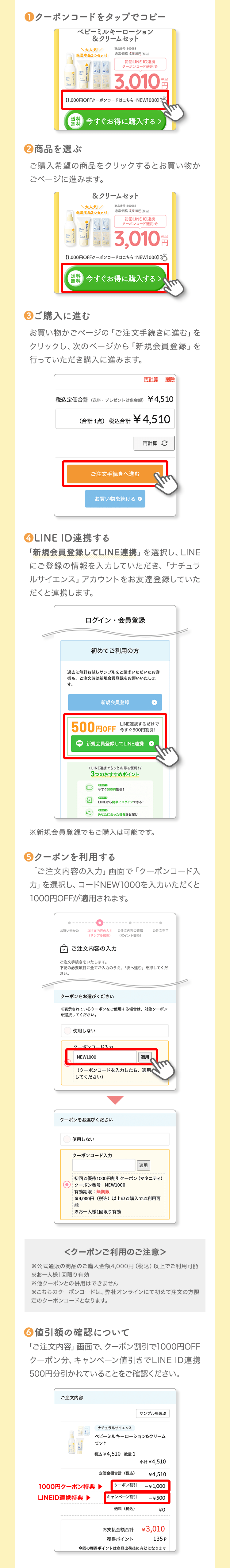 ①クーポンコードをコピー ②商品を選ぶ ③ご購入に進む ④LINE ID連携する ⑤クーポンを利用する ⑥値引額の確認について