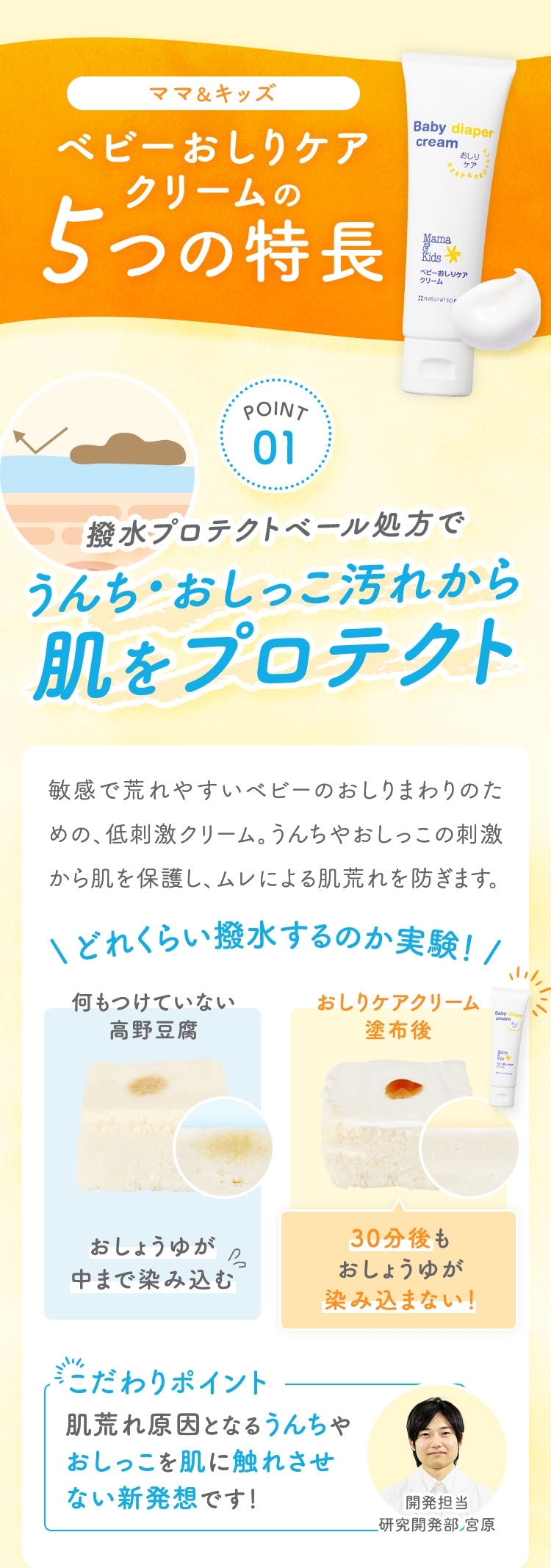 ママ&キッズ ベビーおしりケアクリームの５つの特長 POINT01 撥水プロテクトベール処方でうんち・おしっこ汚れから肌をプロテクト