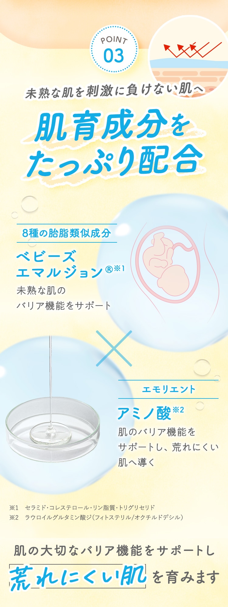 POINT03 未熟な肌を刺激に負けない肌へ肌育成分をたっぷり配合
