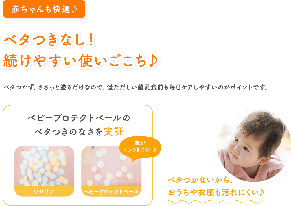 赤ちゃんも快適♪ ベタつきなし！続けやすい使いごこち♪ ベタつかず、ささっと塗るだけなので、慌ただしい離乳食前も毎日ケアしやすいのがポイントです。