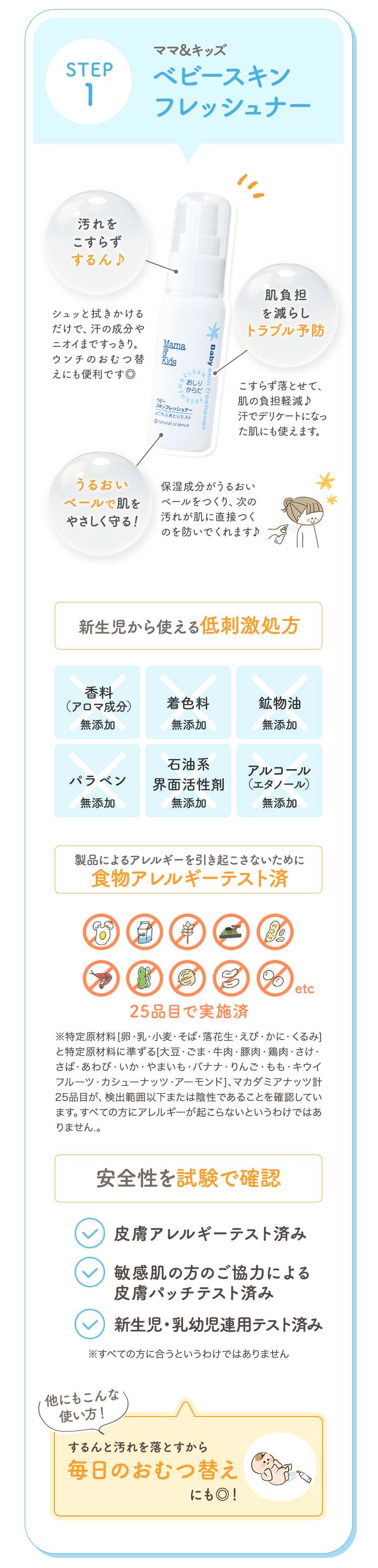 STEP1 ママ＆キッズベビースキンフレッシュナー 汚れをこすらずするん♪|シュッと拭きかけるだけで、汗の成分やニオイまですっきり。ウンチのおむつ替えにも便利です◎ 肌負担を減らしトラブル予防|こすらず落とせて、肌の負担軽減♪汗でデリケートになった肌にも使えます。 うるおいベールで肌をやさしく守る！|保湿成分がうるおいベールをつくり、次の汚れが肌に直接つくのを防いでくれます♪ 新生児から使える低刺激処方
							香料（アロマ成分）無添加|着色料無添加|鉱物油無香料|パラベン無香料|石油系界面活性剤無香料|アルコール（エタノール）無香料|製品によるアレルギーを引き起こさないために食物アレルギーテスト済 25品目で実施済 ※特定原材料[卵・乳・小麦・そば・落花生・えび・かに・くるみ]と特定原材料に準ずる[大豆・ごま・牛肉・豚肉・鶏肉・さけ・さば・あわび・いか・やまいも・バナナ・りんご・もも・キウイフルーツ・カシューナッツ・アーモンド]、マカダミアナッツ計 25品目が、検出範囲以下または陰性であることを確認しています。すべての方にアレルギーが起こらないというわけではありません。
							安全性を試験で確認 皮膚アレルギーテスト済み|敏感肌の方のご協力による皮膚パッチテスト済み|新生児・乳幼児連用テスト済み|※すべての方に合うというわけではありません 他にもこんな使い方！|するんと汚れを落とすから毎日のおむつ替えにも◎！