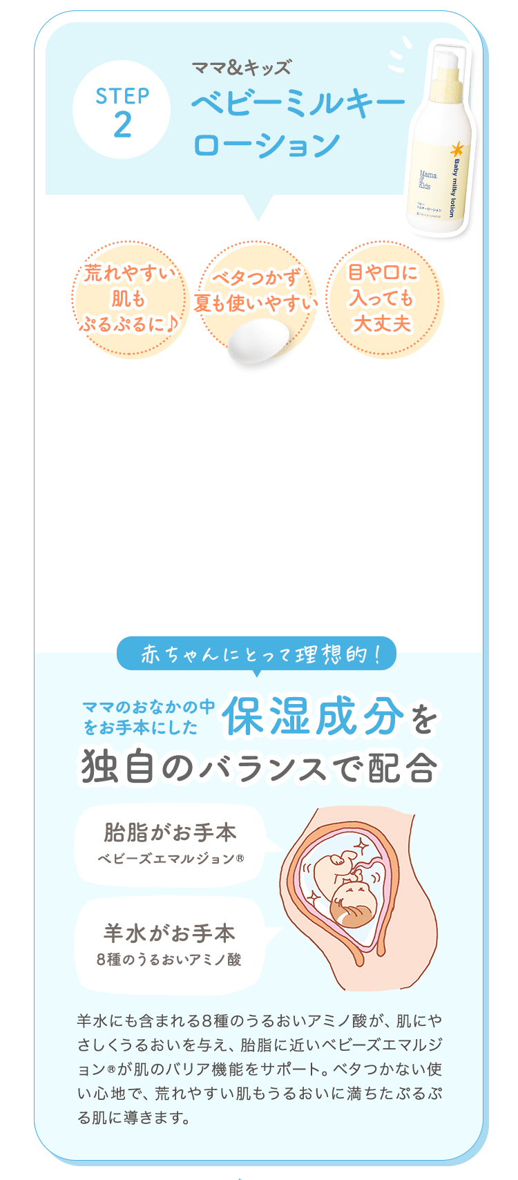 STEP2 ママ＆キッズベビーミルキーローション 荒れやすい肌もぷるぷるに♪ ベタつかず夏も使いやすい 目や口に入っても大丈夫 赤ちゃんにとって理想的！ ママのおなかの中をお手本にした保湿成分を独自のバランスで配合 胎脂がお手本べビーズエマルジョン(R) 羊水がお手本8種のうるおいアミノ酸 羊水にも含まれる8種のうるおいアミノ酸が、肌にやさしくうるおいを与え、胎脂に近いベビーズエマルジョン︎(R)が肌のバリア機能をサポート。ベタつかない使い心地で、荒れやすい肌もうるおいに満ちたぷるぷる肌に導きます。