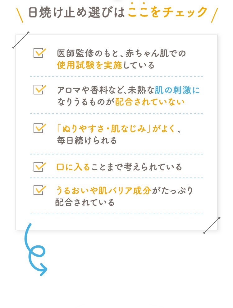 日焼け止め選びはここをチェック 医師監修のもと、赤ちゃん肌での使用試験を実施している アロマや香料など、未熟な肌の刺激になりうるものが配合されていない 「ぬりやすさ・肌なじみ」がよく、毎日続けられる 口に入ることまで考えられている うるおいや肌バリア成分がたっぷり配合されている