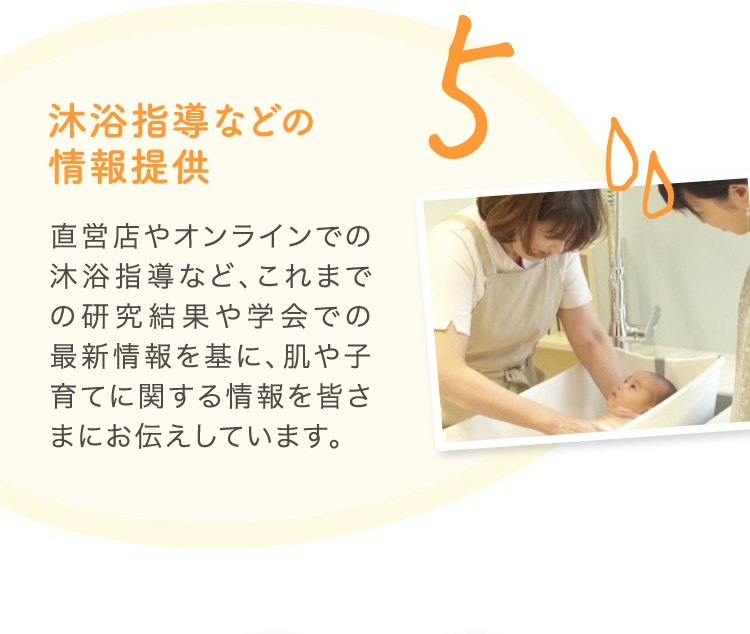 5 沐浴指導などの情報提供 直営店やオンラインでの沐浴指導など、これまでの研究結果や学会での最新情報を基に、肌や子育てに関する情報を皆さまにお伝えしています。