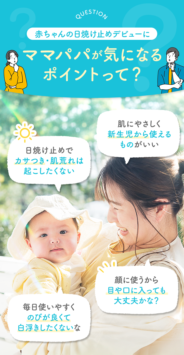 QUESTION 赤ちゃんの日焼け止めデビューにママパパが気になるポイントって？ 肌にやさしく新生児から使えるものがいい 日焼け止めでカサつき・肌荒れは起こしたくない 顔に使うから目や口に入っても大丈夫かな？ 毎日使いやすくのびが良くて白浮きしたくないな