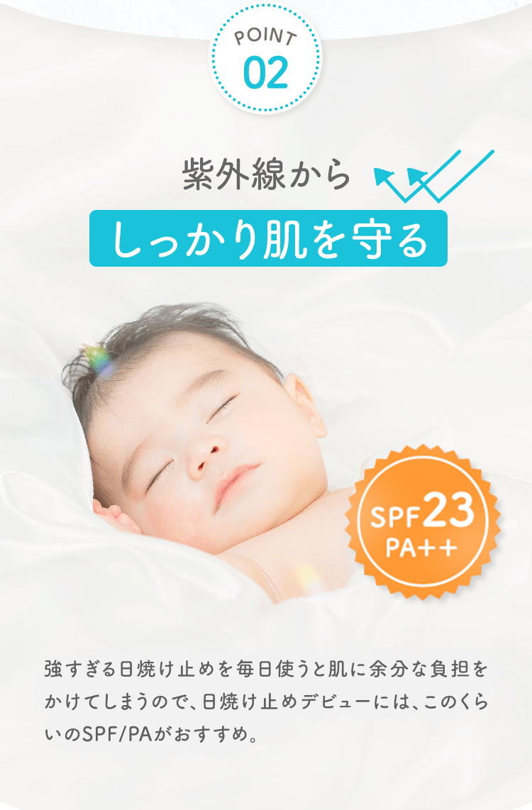 POINT02 紫外線からしっかり肌を守る 強すぎる日焼け止めを毎日使うと肌に余分な負担をかけてしまうので、日焼け止めデビューには、このくらいのSPF/PAがおすすめ。