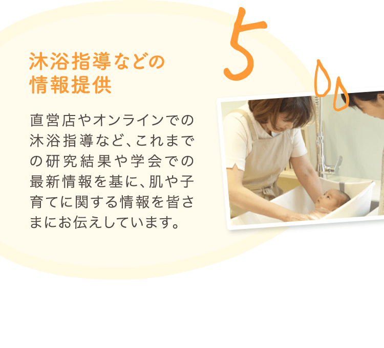 5 沐浴指導などの情報提供 直営店やオンラインでの沐浴指導など、これまでの研究結果や学会での最新情報を基に、肌や子育てに関する情報を皆さまにお伝えしています。
