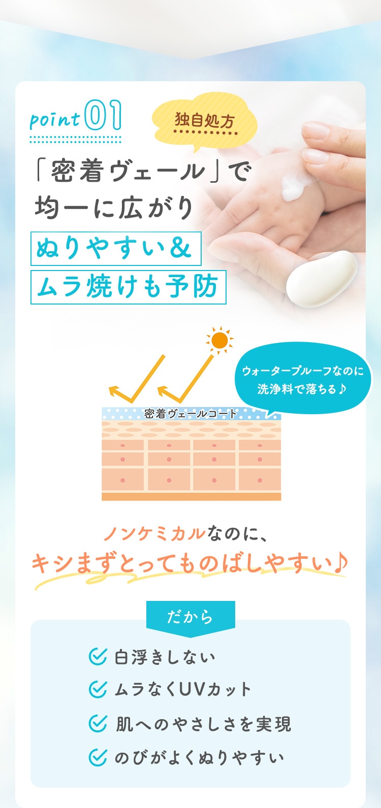 point01 「密着ヴェール」で均一に広がりぬりやすい＆ムラ焼けも予防