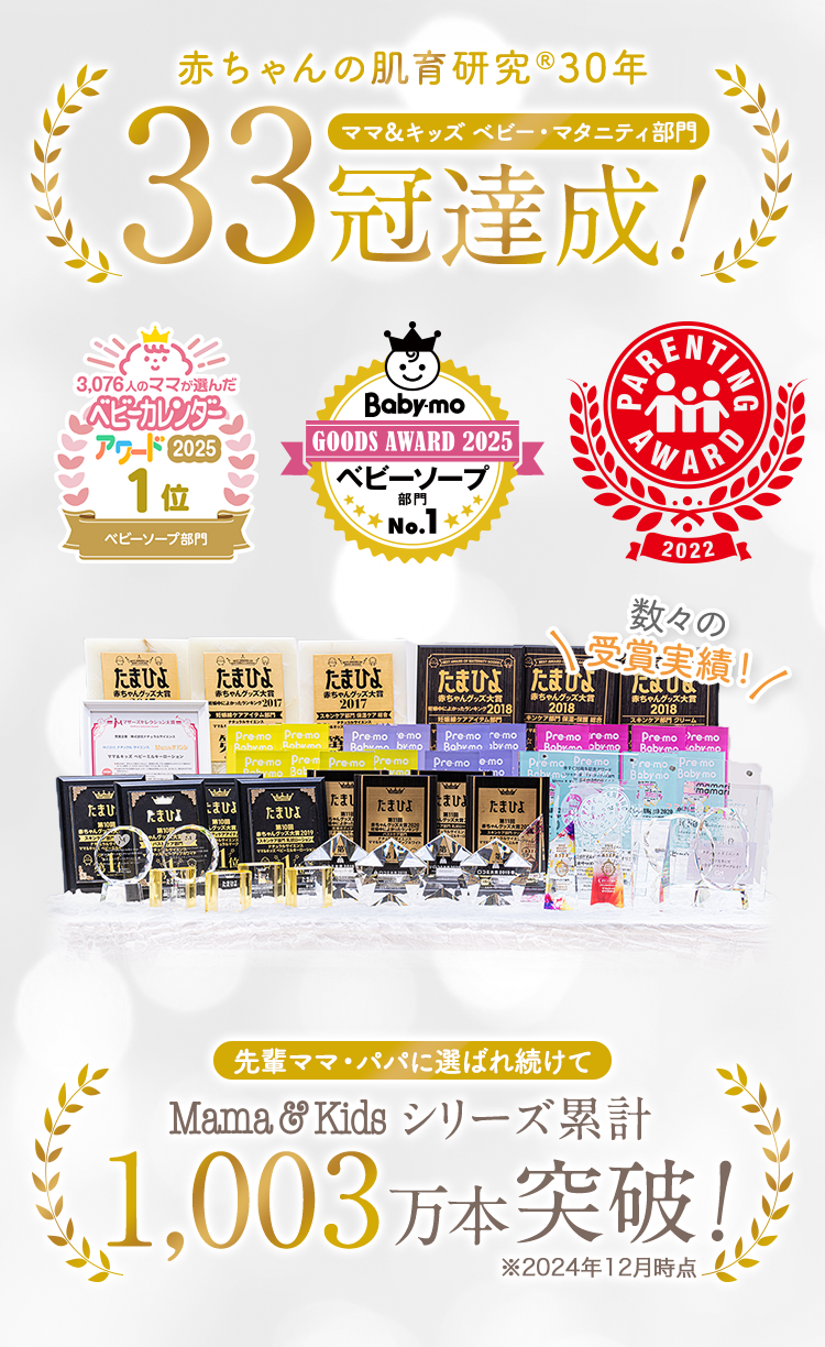赤ちゃんの肌育研究®︎30年
                                                ママ＆キッズ ベビー・マタニティ部門
                                                33冠達成
                                                数々の受賞実績！
                                                先輩ママ・パパに選ばれ続けて
                                                シリーズ累計1,003万本突破※2024年12月時点