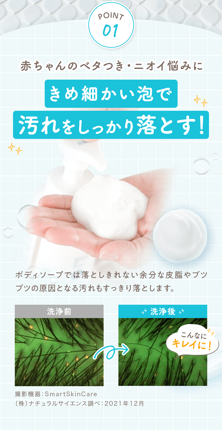 POINT01
                                                赤ちゃんのベタつき・ニオイ悩みにきめ細かい泡で汚れをしっかり落とす！
                                                ボディソープでは落としきれない余分な皮脂やブツブツの原因となる汚れもすっきり落とします。
                                                撮影機器：SmartSkinCare
                                                （株）ナチュラルサイエンス調べ：2021年12月