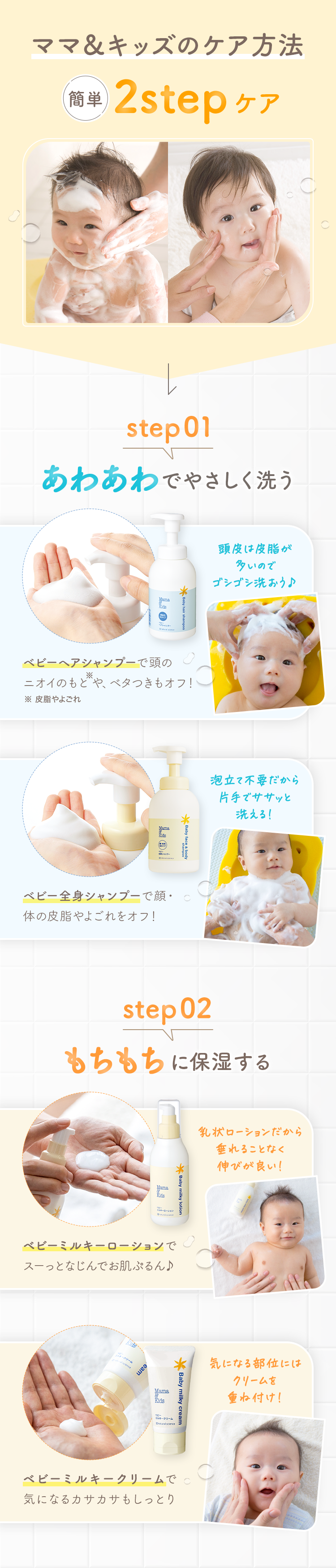 ママ＆キッズのケア方法
                                                簡単2stepケア
                                                step01あわあわでやさしく洗う
                                                頭皮は皮脂が多いのでゴシゴシ洗おう♪ベビーヘアシャンプーで頭のニオイのもとや、ベタつきもオフ！※ 皮脂やよごれ
                                                泡立て不要だから片手でササッと洗える！ベビー全身シャンプーで顔・体の皮脂やよごれをオフ！
                                                step02もちもちに保湿する
                                                乳状ローションだから垂れることなく伸びが良い！ベビーミルキーローションでスーっとなじんでお肌ぷるん♪
                                                気になる部位にはクリームを重ね付け！ベビーミルキークリームで気になるカサカサもしっとり！