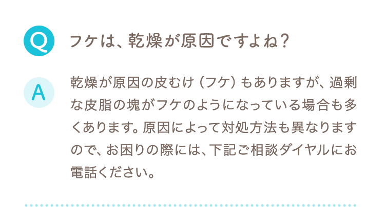 Q フケは、乾燥が原因ですよね？ A 乾燥が原因の皮むけ（フケ）もありますが、過剰な皮脂の塊がフケのようになっている場合も多くあります。原因によって対処方法も異なりますので、お困りの際には、下記ご相談ダイヤルにお電話ください。