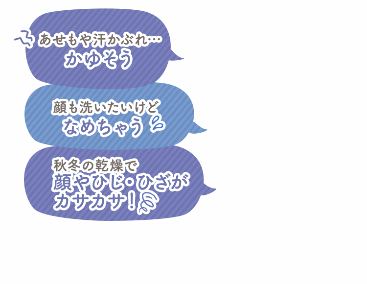 あせもや汗かぶれ…かゆいのかキゲンが悪い！ 口元や顔の荒れが…でもボディソープが口に入るのが怖い 日焼けした顔やひじ・ひざは夏もカサカサ！