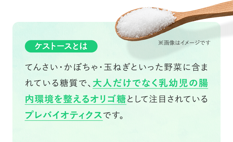 ケストースとはてんさい・かぼちゃ・玉ねぎといった野菜に含まれている糖質で、大人だけでなく乳幼児の腸内環境を整えるオリゴ糖として注目されているプレバイオティクスです。