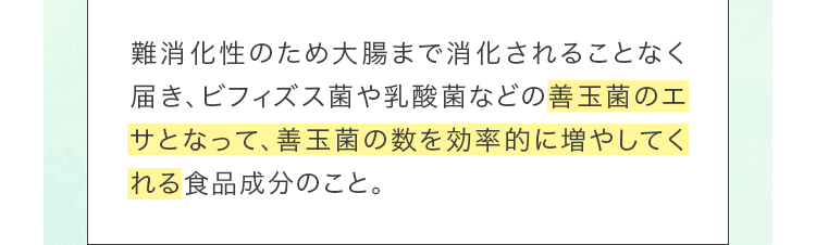 難消化性のため大腸まで消化されることなく届き、ビフィズス菌や乳酸菌などの善玉菌のエサとなって、善玉菌の数を効率的に増やしてくれる食品成分のこと。