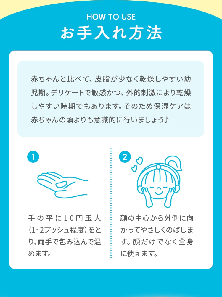 HOW TO USE お手入れ方法 赤ちゃんと比べて、皮脂が少なく乾燥しやすい幼児期。デリケートで敏感かつ、外的刺激により乾燥しやすい時期でもあります。そのため保湿ケアは赤ちゃんの頃よりも意識的に行いましょう 1.手の平に10円玉大 (1~2プッシュ程度)をとり、両手で包み込んで温めます。 2.顔の中心から外側に向かってやさしくのばします。顔だけでなく全身に使えます。