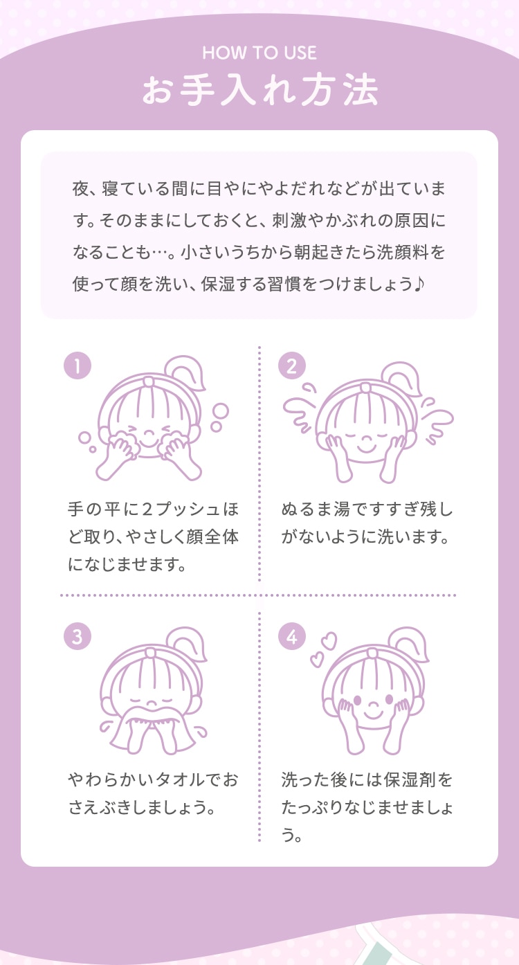 HOW TO USE お手入れ方法 夜、寝ている間に目やにやよだれなどが出ています。そのままにしておくと、刺激やかぶれの原因になることも…。小さいうちから朝起きたら洗顔料を使って顔を洗い、保湿する習慣をつけましょう 1.手の平に２プッシュほど取り、やさしく顔全体になじませます。 2.ぬるま湯ですすぎ残しがないように洗います。 3.やわらかいタオルでおさえぶきしましょう。 4.洗った後には保湿剤をたっぷりなじませましょう。