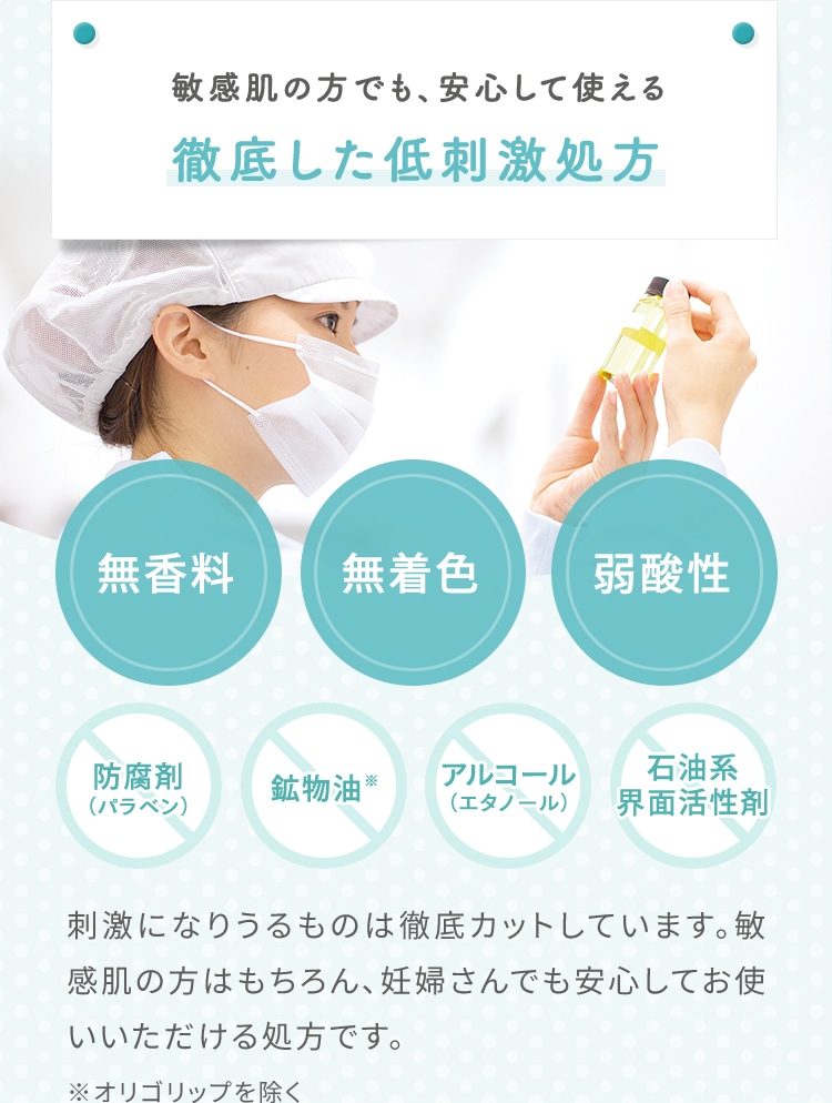 敏感肌の方でも、安心して使える徹底した低刺激処方 刺激になりうるものは徹底カットしています。敏感肌の方はもちろん、妊婦さんでも安心してお使いいただける処方です。※オリゴリップを除く