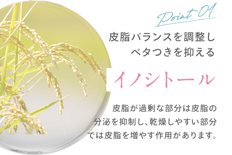 皮脂バランスを調整しベタつきを抑える イノシトール 皮脂が過剰な部分は皮脂の 分泌を抑制し、乾燥しやすい部分 では皮脂を増やす作用があります。