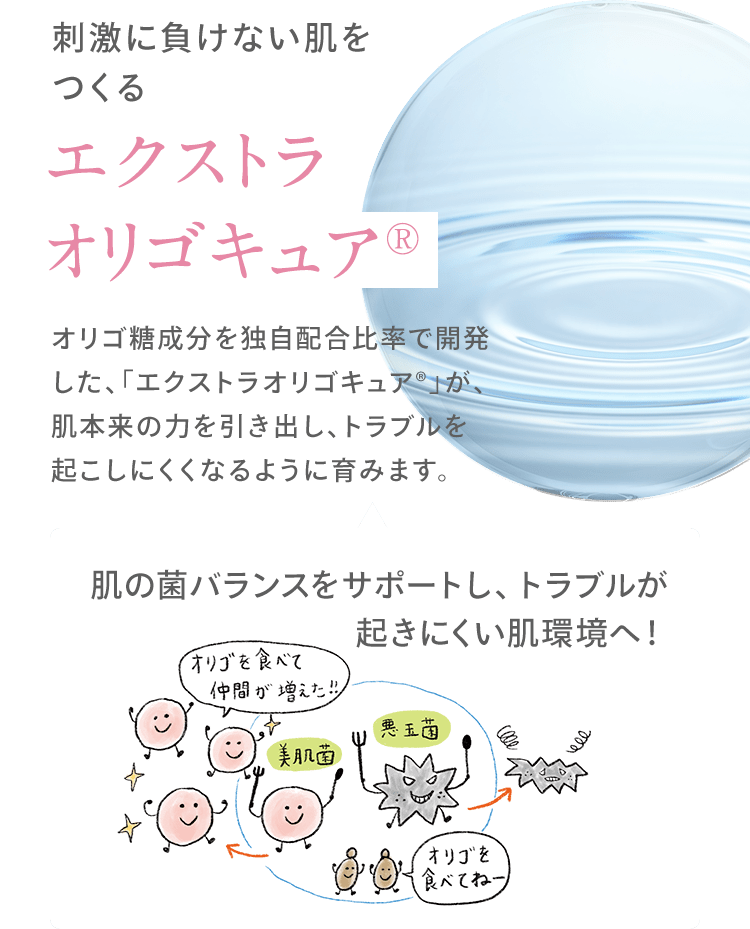 刺激に負けない肌を つくる エクストラ オリゴキュア オリゴ糖成分を独自配合比率で開発した、「エクストラオリゴキュア」が、肌本来の力を引き出し、トラブルを起こしにくくなるように育みます。