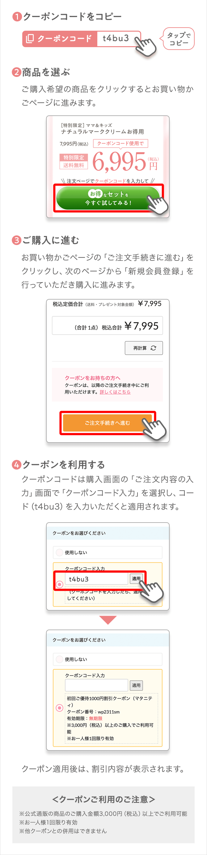 [1] クーポンコードをコピー [2] 商品を選ぶ [3] ご購入に進む [4] クーポンを利用する